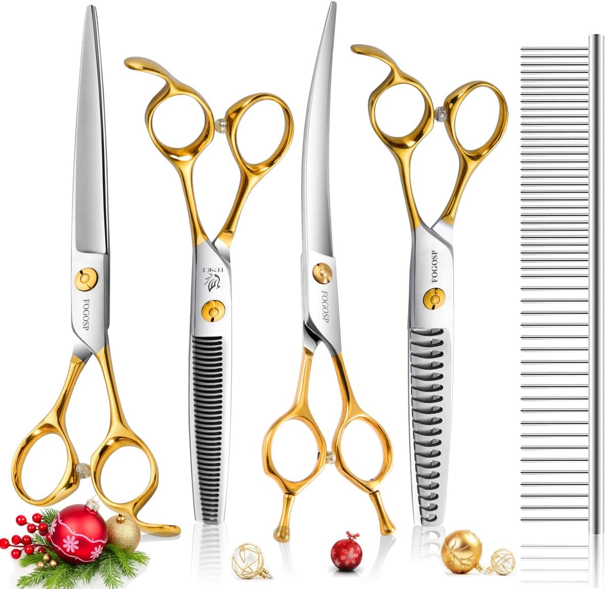 Professional 7.5" Dog Grooming Scissors Kit 4pcs, JP 440C Stainless Steel Curved Blender Straight Chunker Shears for Dog Cat and Pets (7.5 in Kit, Gold)
