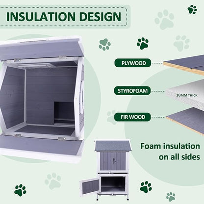 GEGURI Outdoor Heated Cat House Winter-Proof, Two-Story Insulated Shelter for Feral Cats with Thermal Layer, Removable Roof, Balcony & Escape Door