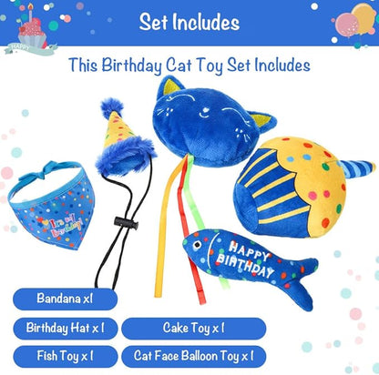 BINGPET Cat Birthday Catnip Toys for Indoor Cats,Cat Birthday Hat,Bandana and Cat Birthday Cake Interactive Plush Kitten Chew Toys,Cute Fish,Balloon Toys with Crinkle Paper and Catnip Inside(Blue)