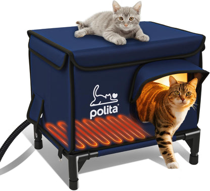 Rugged Heated Cat House for Outdoor Cats in Winter, Extremely Insulated & 100% Weatherproof, Elevated Feral Cat Shelter with Waterproof Eaves & Safe Escape Door for Stray & Barn Cats