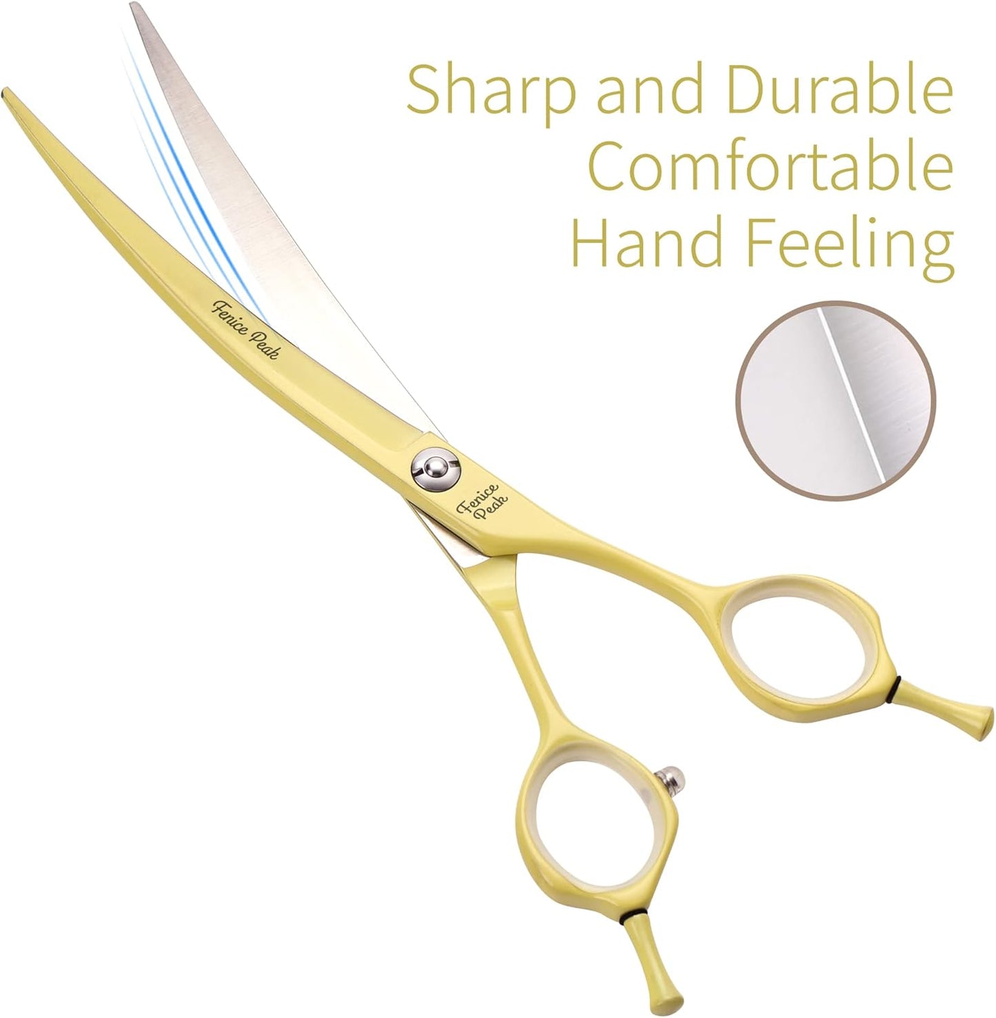 Fenice Peak Curved Dog Grooming Scissors with Yellow Color Coating 440C Stainless Steel Pet Grooming Bending Shears Sharp and Durable Comfortable Engonomic Handle