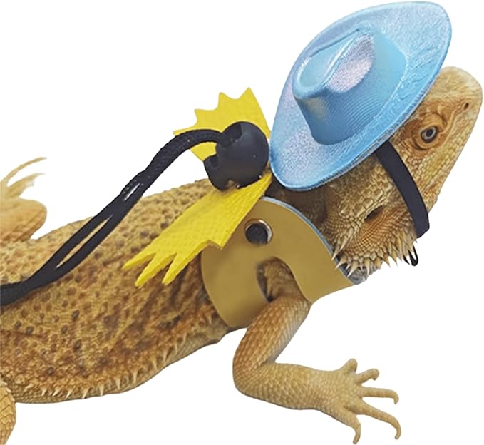 Adjustable Bearded Dragon Leash Harness with Hat Set,3 Size Pack Leather Wings Safty Walking Leash for Bearded Dragon Lizard Reptiles (Blue Hat and Yellow Harness Set)