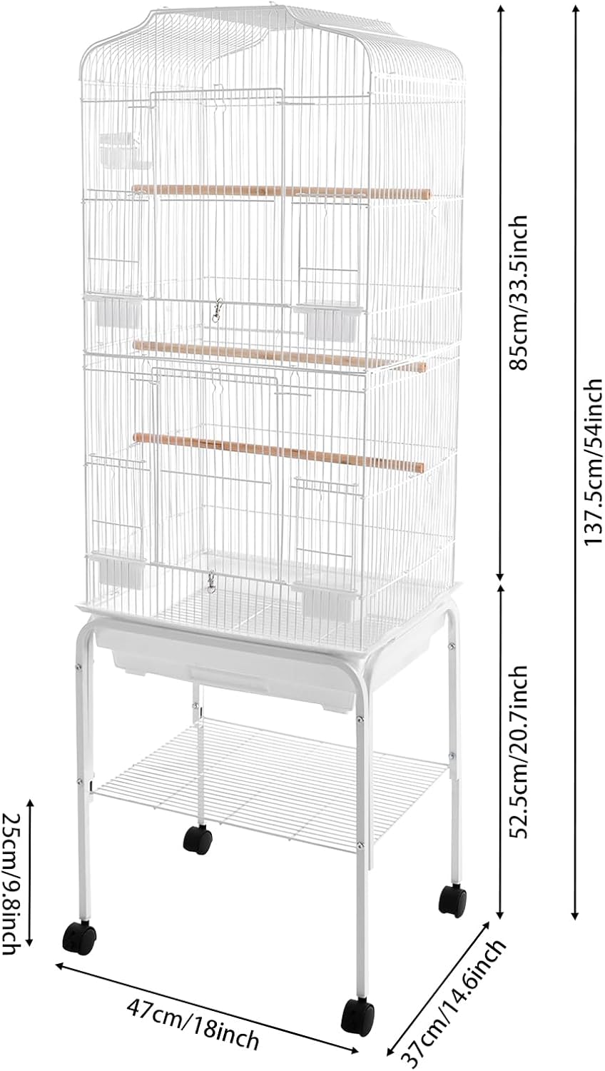 Extra Large Bird Cage, 54" Rolling Breeding Flight Bird Cages w/ 360° Wheels, Open Play Top Bird Cage with Detechable Stand for Parrots, Caiques, Macaw (White)