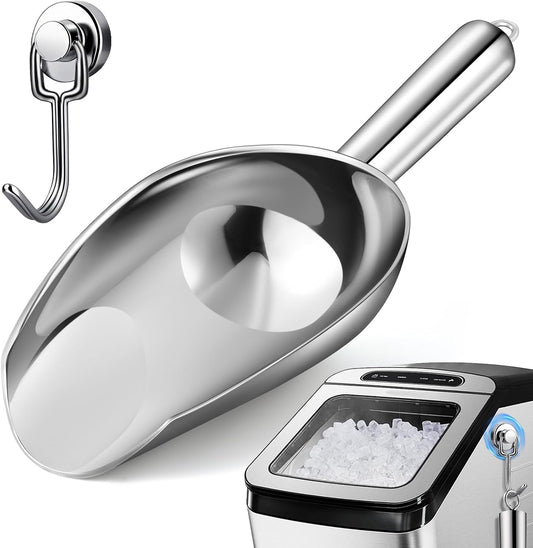 12oz Stainless Steel Ice Scoop for Freezer with Magnetic Hook– Dishwasher Safe Ice Scooper for Ice Machine with Long Handle – Metal Scoop for Ice Bucket, Dog Food, Flour, Canisters