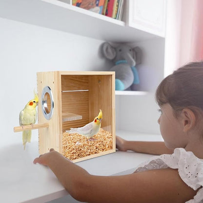 Parakeet Nesting Box Transparent Design, Natural Wood Bird Nest Breeding Box with Perch, Acrylic Bird House for Cage Bird Nesting Box for Small Cockatiel Lovebirds Finch Parrot Canary L