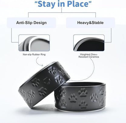 SPUNKYJUNKY Ceramic Dog Bowls 2 Pack, 8.3'' Dog Food Water Double Feeding Bowls Non-Slip for Medium to Large Sized Breed Microwave Dishwasher Safe - 60 OZ, 2pcs, Paw Black