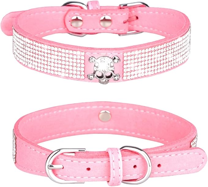 Rhinestone Dog Collar, Cute Dazzling Sparkling Soft Suede Leather Adjustable Pet Dog Cat Collar Crystal Diamond for Puppy Small Medium Large Dogs (L:38-46cm, Pink-5)