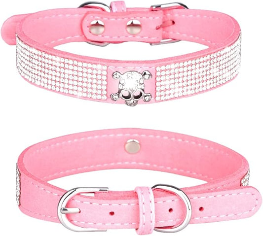 Rhinestone Dog Collar, Cute Dazzling Sparkling Soft Suede Leather Adjustable Pet Dog Cat Collar Crystal Diamond for Puppy Small Medium Large Dogs (L:38-46cm, Pink-5)
