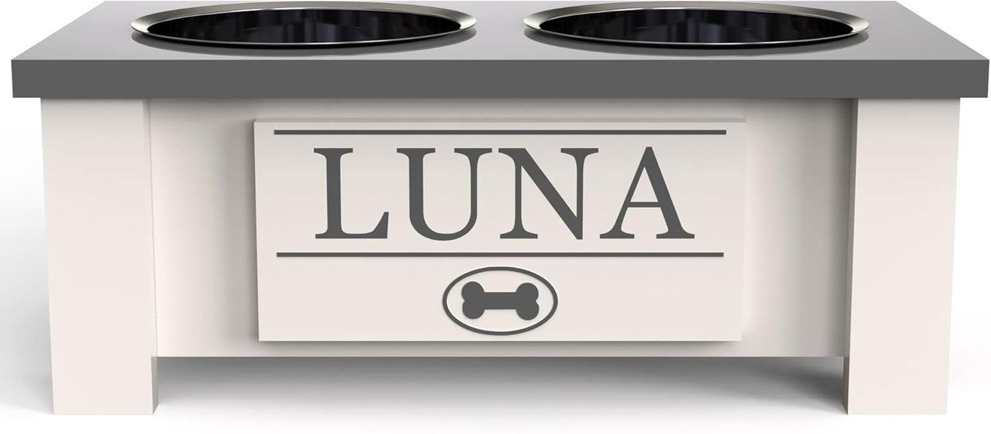 GrooveThis Woodshop - Personalized Elevated Dog Bowl Stand for Large, Medium, Small, X-Small Dogs - Stainless Steel Food and Water Bowls - Raised Dog Dish (Small, Grey)