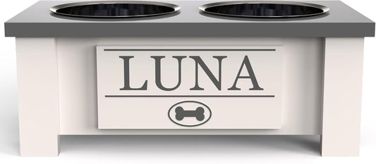 GrooveThis Woodshop - Personalized Elevated Dog Bowl Stand for Large, Medium, Small, X-Small Dogs - Stainless Steel Food and Water Bowls - Raised Dog Dish (Small, Grey)