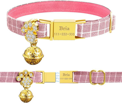 Personalized Breakaway Cat Collars - Magnetic Buckle, Bell - Safety Quick Release, Customized for Girls & Boys Cats- (Checkered-Pink)