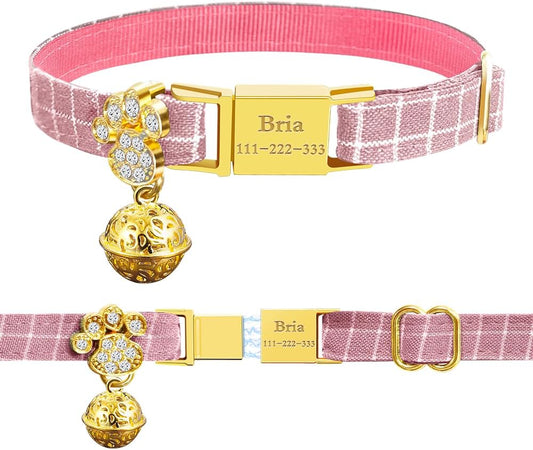 Personalized Breakaway Cat Collars - Magnetic Buckle, Bell - Safety Quick Release, Customized for Girls & Boys Cats- (Checkered-Pink)