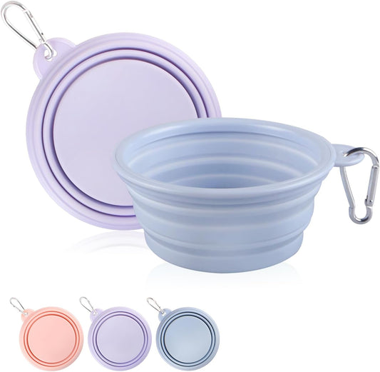 Collapsible Dog Bowls 2-Pack, Portable Travel Dog Bowl with Carabiner, Food-Grade Silicone Pet Bowl for Hiking, Walking (22 OZ Macaron Blue and Violet)