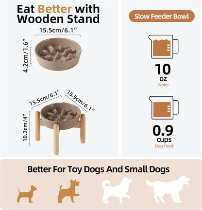 Ceramic 0.9 Cup Dog Raised Slow Feeder Set, Elevated Bowl with Wooden Stand for Small Dog, 6.1inch Pet Slow Feeder Dish for Fast Easters, Preventing Choking (Brown Coffee, Single Bowl+ Stand)