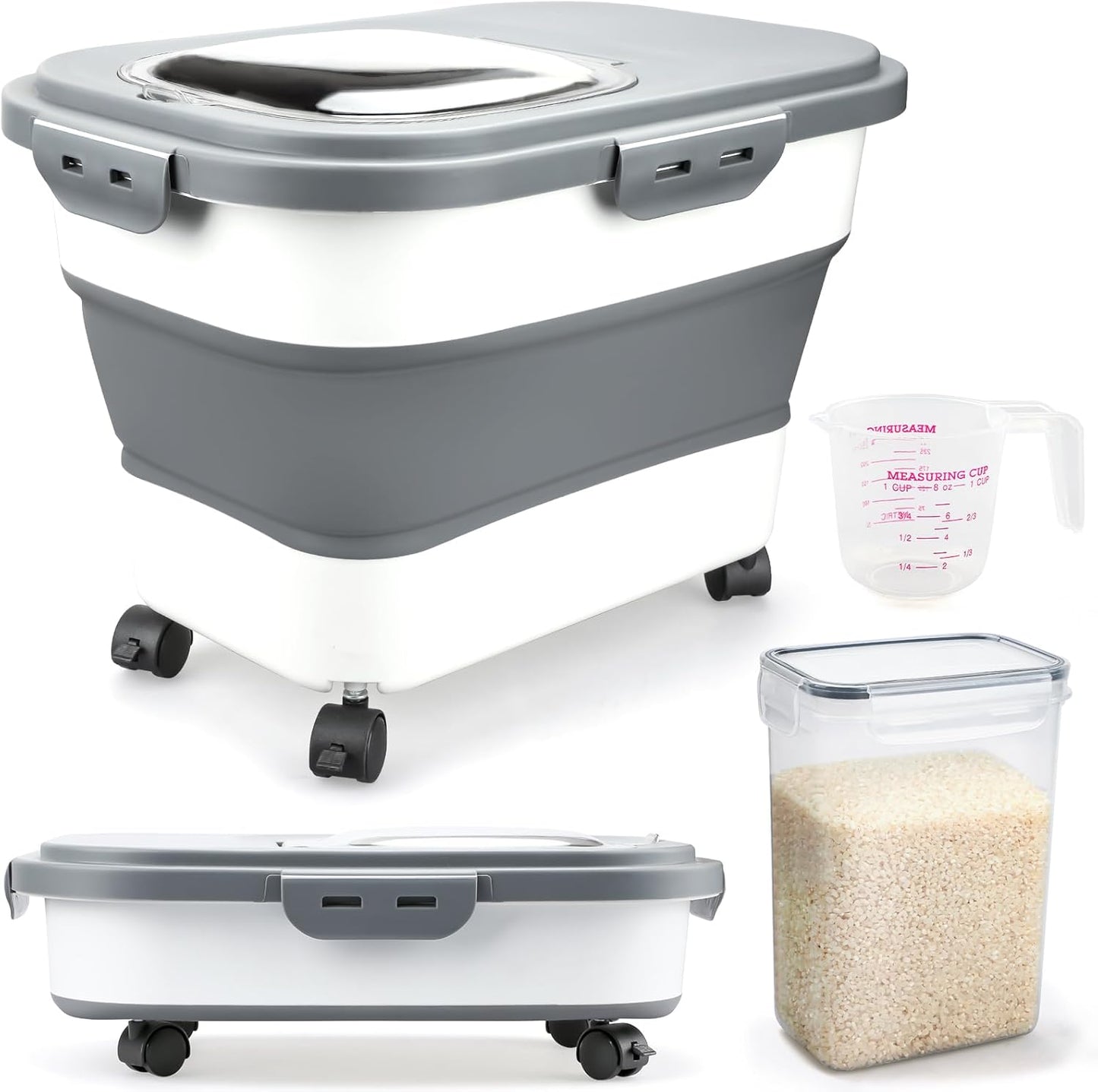 Rice Storage Containers, Collapsible 20 to 30Lbs Food Storage Bin Dispenser with Rolling Wheel and Clear Airtight Lid, BPA Free Flour, Sugar, Cereal and Dog Cat Pet food Containers