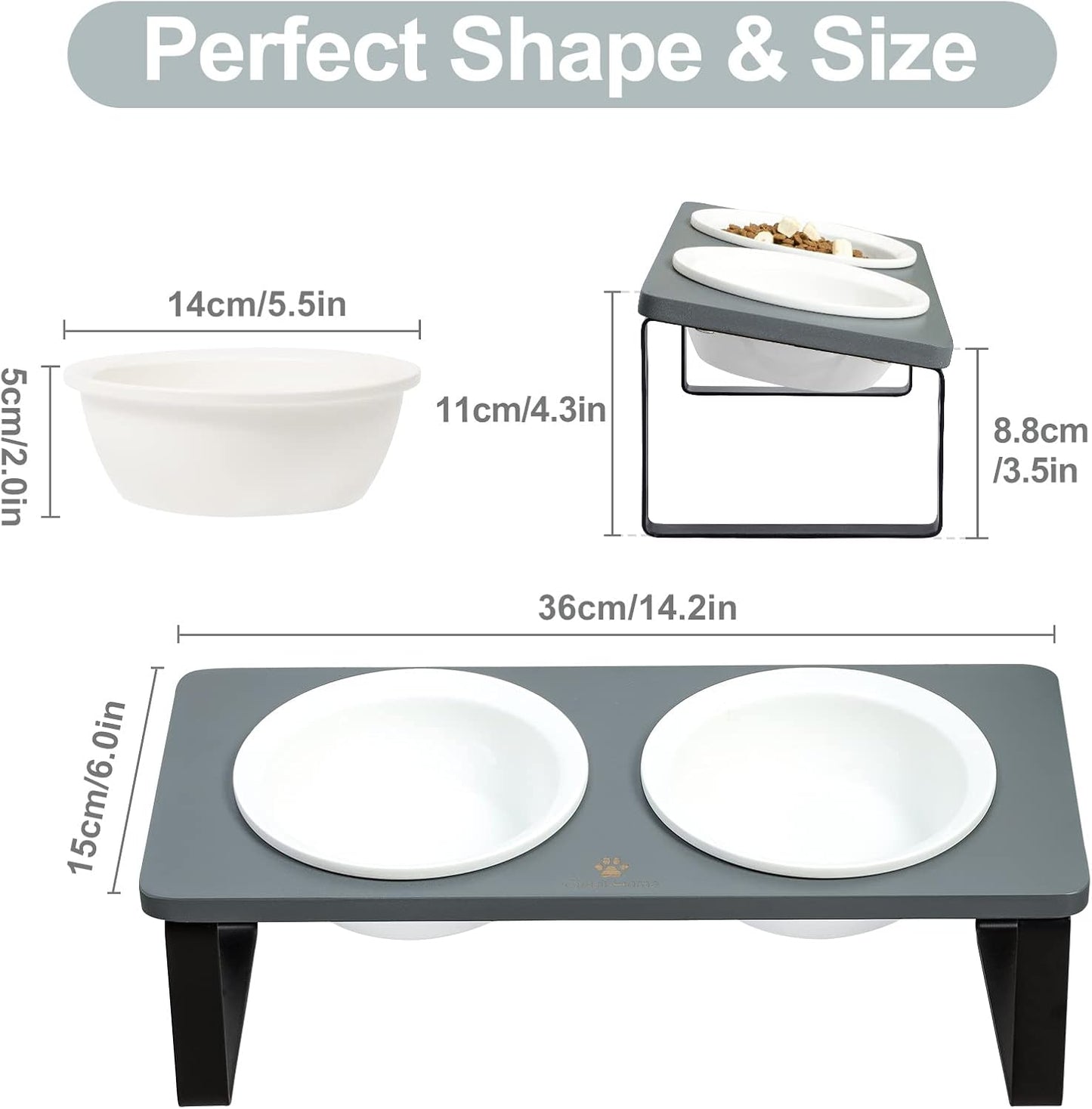 Sunhoo Ceramic Elevated Cat Bowls Raised Puppy Dishes for Food and Water Tilted Wooden Stand for Indoor Cats 5.5 inch Wide Double Dish Orthopedic Reduces Vomiting (Grey)