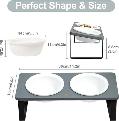 Sunhoo Ceramic Elevated Cat Bowls Raised Puppy Dishes for Food and Water Tilted Wooden Stand for Indoor Cats 5.5 inch Wide Double Dish Orthopedic Reduces Vomiting (Grey)