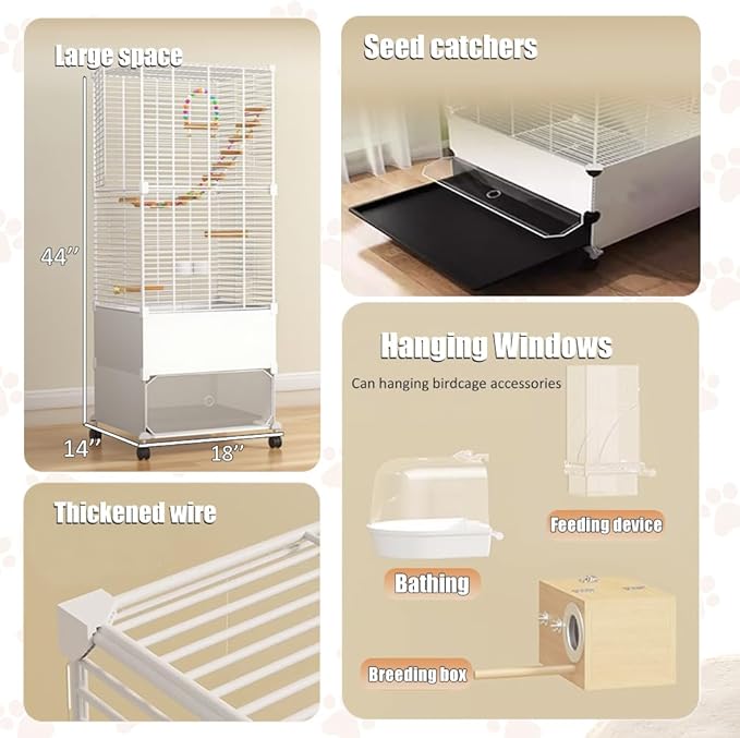 Bird Cage Parakeet Cage Hanging Windows with Sliding Window, Dense Wire Mesh, Removable Tray & Wheels Bird Flight Cage