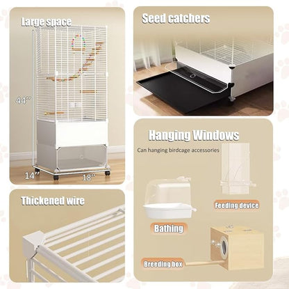 Bird Cage Parakeet Cage Hanging Windows with Sliding Window, Dense Wire Mesh, Removable Tray & Wheels Bird Flight Cage