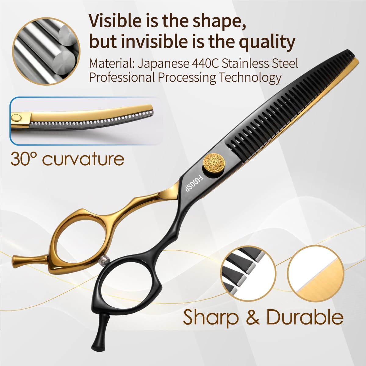 Curved Chunkers Shears Dog Grooming 7.5 in Black & Gold Two Color Professional Curved Thinning Shears for Dog Grooming 35 Teeth Japan 440C 62HRC