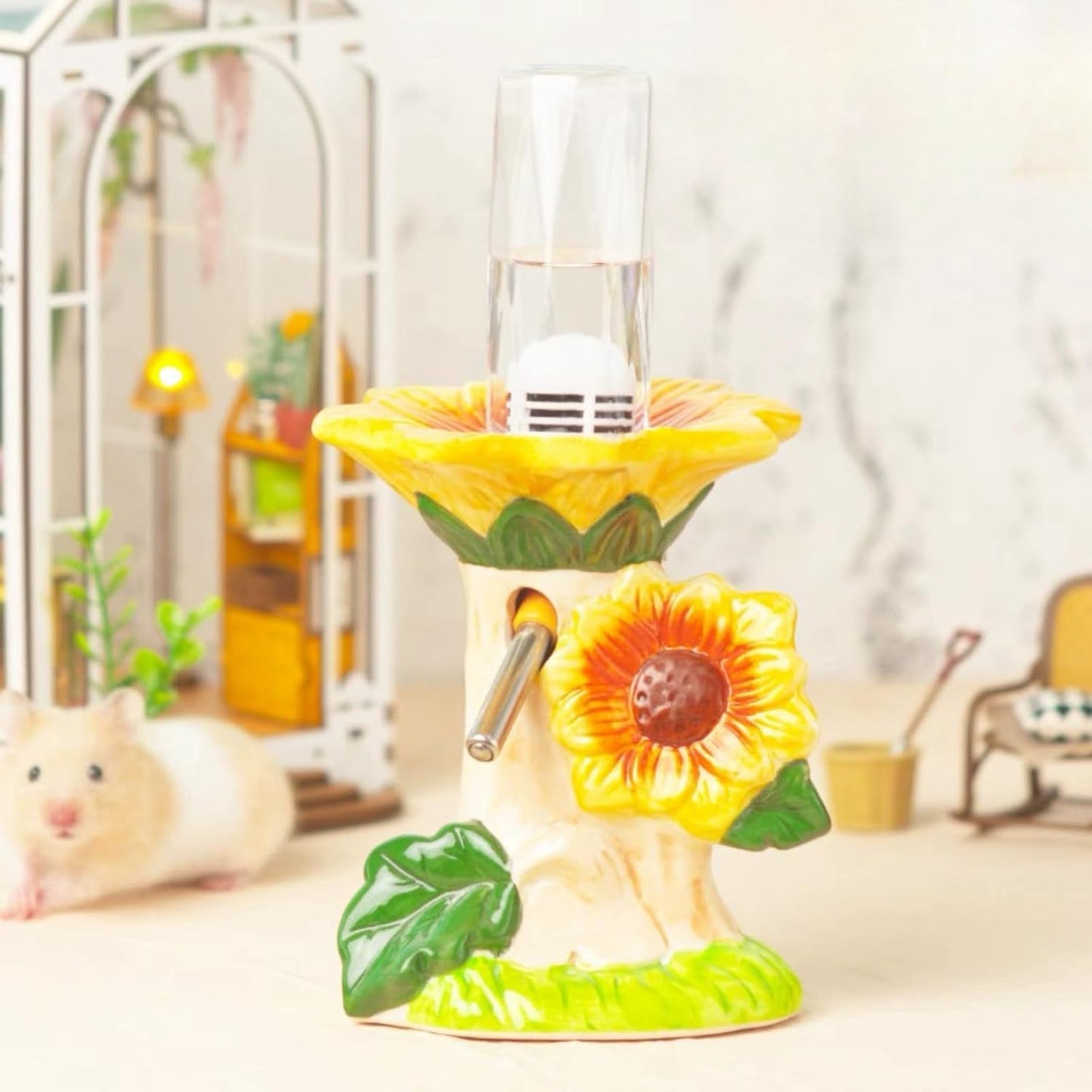 Ceramic Hamster Water Bottle with Stand & 80ML Water Bottle, Water Dispenser for Small Animal, Water Bottle Holder Auto Water Feeding Bottles for Syrian Dwarf Hamster Mice Gerbil (Sunflower Shape)