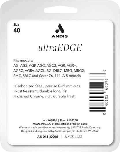 Andis - 64076, Ultra Edge Super Blocking Dog Clipper Blade - Built with Carbon-Infused Steel, Sharp Cutting Edges with Zero Gaps, Size-40, Removes Hairs 1/100-Inch - for Full Body Grooming, Chrome