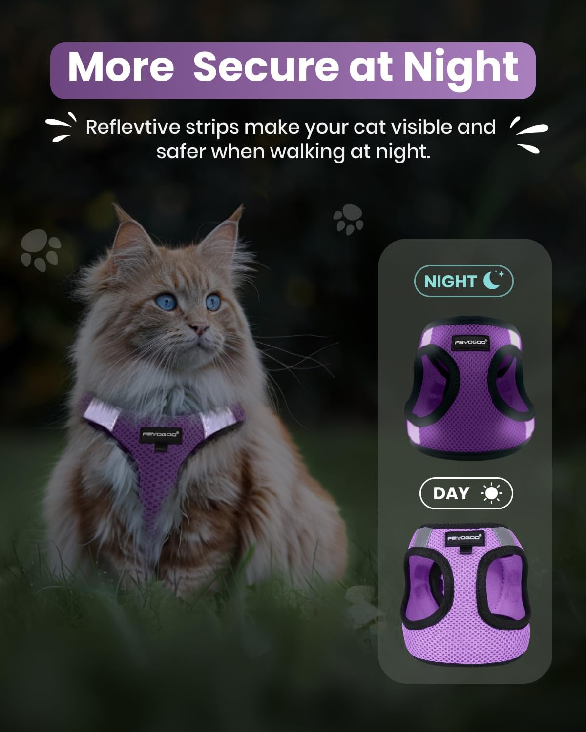 FAYOGOO Cat Harness, Cat Leash and Harness Set for Walking Escape Proof, Harness for Small Cats/Small Dogs, Large Kitten/Puppy Harness and Leash, Harness for Cats S-XXL(Modern Violet, X-Large)