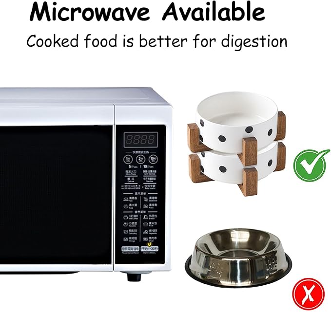 Petygooing Ceramic Dog Bowl Set with Stand - Cat & Dog Food and Water Bowl, Medium Size - Anti-Slip, 28 OZ / 3.6 Cups, Black Dot