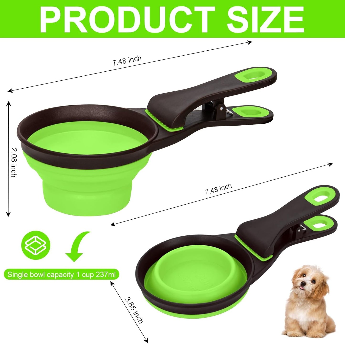 Collapsible Silicone Dog Food Scoop Foldable Pet Food Measuring Cup with Bag Clip 3 in 1 Multi-Function Silicone Dog Food Scooper (Green, Medium)