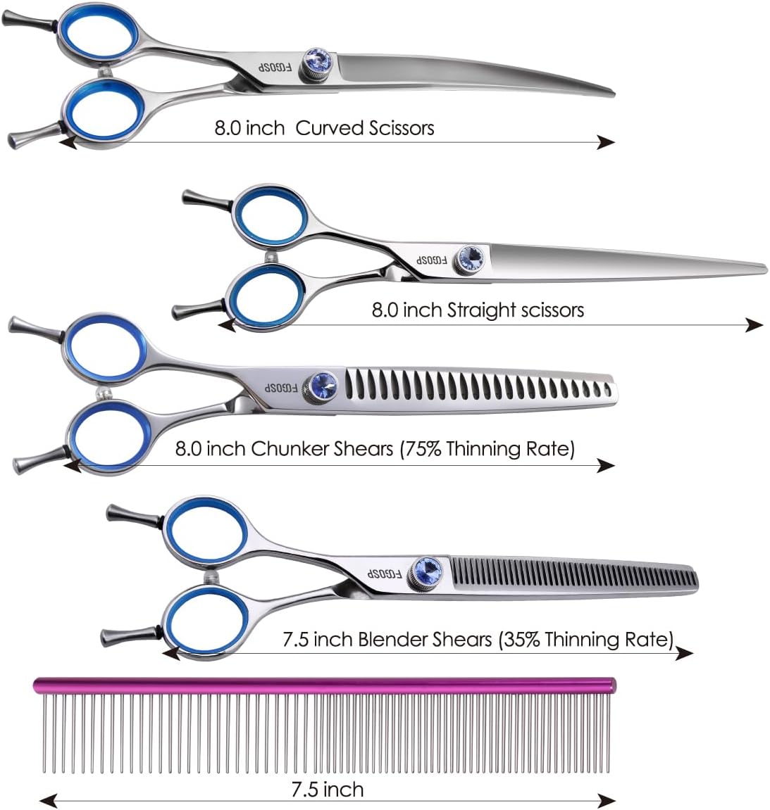 Left Handed Dog Grooming Scissors Kit 8 in Professional Curved Thinning Straight Shear 3pcs Set for Grooming Big Dogs Poodle Pet Japan 440C Stainless Steel(8.0'' Kit, 4Pcs)
