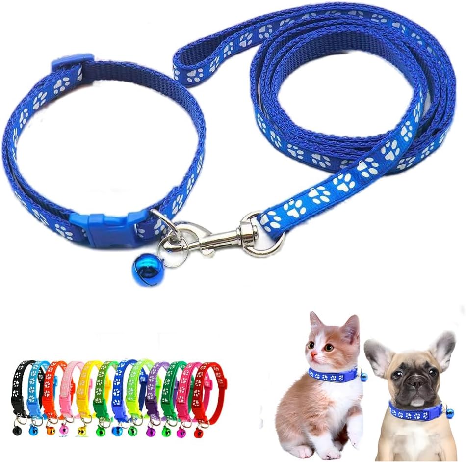 Dark Blue Puppy Dog Collar Leash Set, Nylon Basic Reflective Cat Collar Paw Print for XXS Xs Small Dog Pet Animal Tiny Kitten Boy Girls