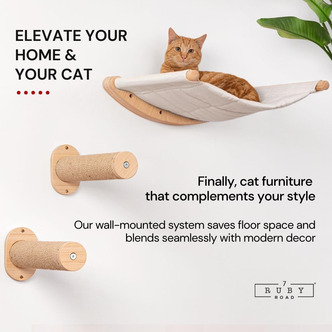 7 Ruby Road Cat Hammock Wall Mounted Shelf with Two Steps Set - Wall Shelves and Perches for Sleeping, Playing, Climbing and Lounging - Modern Cat Bed & Furniture for Indoor and Large Cats or Kitty