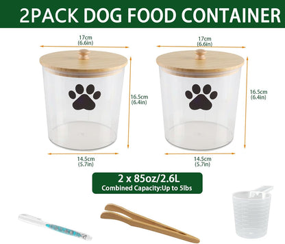 2 Pack Airtight Dog Treat Container,85oz Dog Cat Food Storage Container with Bamboo Lids,Puppy Cookie Jar,Up to 5~6LB,Pet Treat Canister with Scoops,Food Tong,Pen-Round
