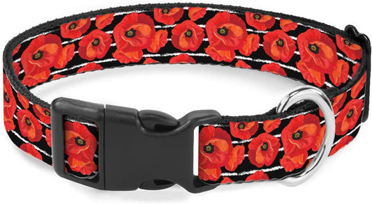 Red Flower Black White Stripes Dog Collars Soft Adjustable Collar Strap for Small Medium Large Dogs Cats Pet