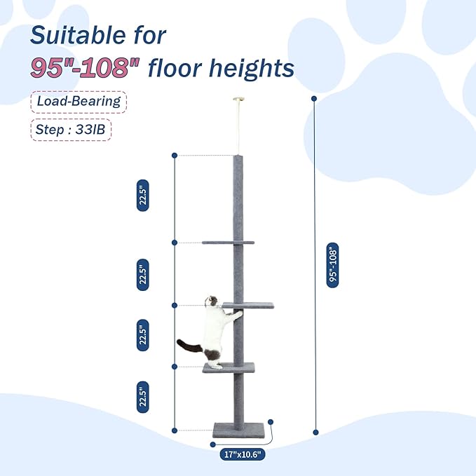 Max & Marlow Cat Tree Floor to Ceiling Cat Tower Height 95-108" Adjustable Kitten Tree Tall Climbing Tree with Carpet Scratching Post and Mat Cat Pole for Indoor Cats, Grey