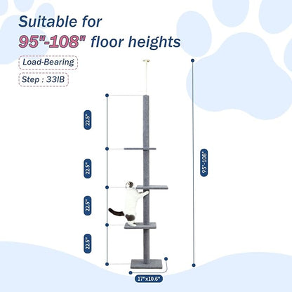 Max & Marlow Cat Tree Floor to Ceiling Cat Tower Height 95-108" Adjustable Kitten Tree Tall Climbing Tree with Carpet Scratching Post and Mat Cat Pole for Indoor Cats, Grey