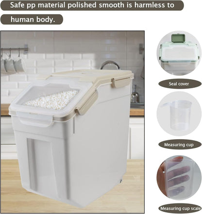 Large Flour Storage Container Bin 25lb,4 Pack Airtight Rice Storage Containers with Wheels Seal Locking Lid BPA Free with Measuring Cup,Scoop for Flour, Rice, Grain, Dry Food - Grey