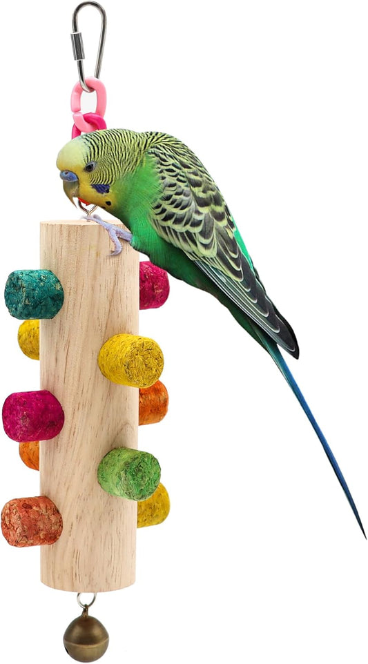 Cylinder Bird Chew Toy, Parrot Cork Stopper Toys Bird Swing Bell Hanging Wooden Puzzle Foraging Toys Small Bird Bite Perch Stand, Small and Medium Parrots (1 Pack-Cylinder Cork Stick)