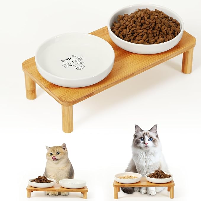 Elevated Cat Bowls for Indoor Cats – Raised Bamboo Cat Food Table with 2 Ceramic Dishes, Adjustable Height (4.25"/3.07"), Set of 1