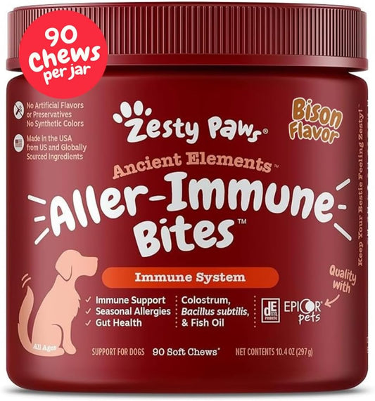 Zesty Paws Dog Allergy Relief - Anti Itch Supplement - Omega 3 Probiotics for Dogs - Digestive Health - Soft Chews for Skin & Seasonal Allergies - with Epicor Pets - Bison - 90ct