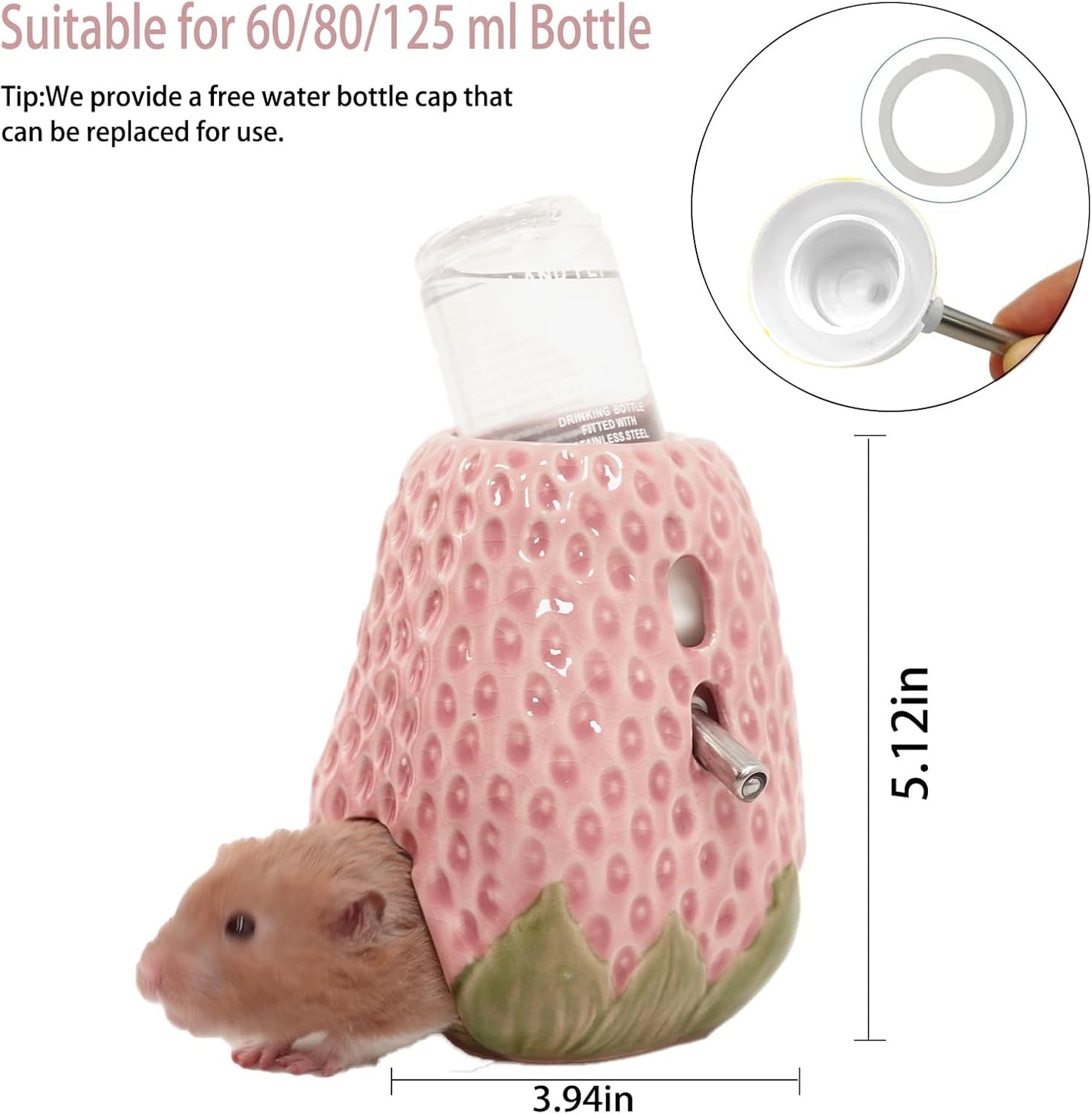 Hamster Water Bottle, Strawberry Ceramic Hamster Gerbil Water Bottle for Glass Tank, Dispenser, 80ML Bottle for Water Holder Stand with 2 No Drip Caps for Syrian Mice, Gerbil（Pink