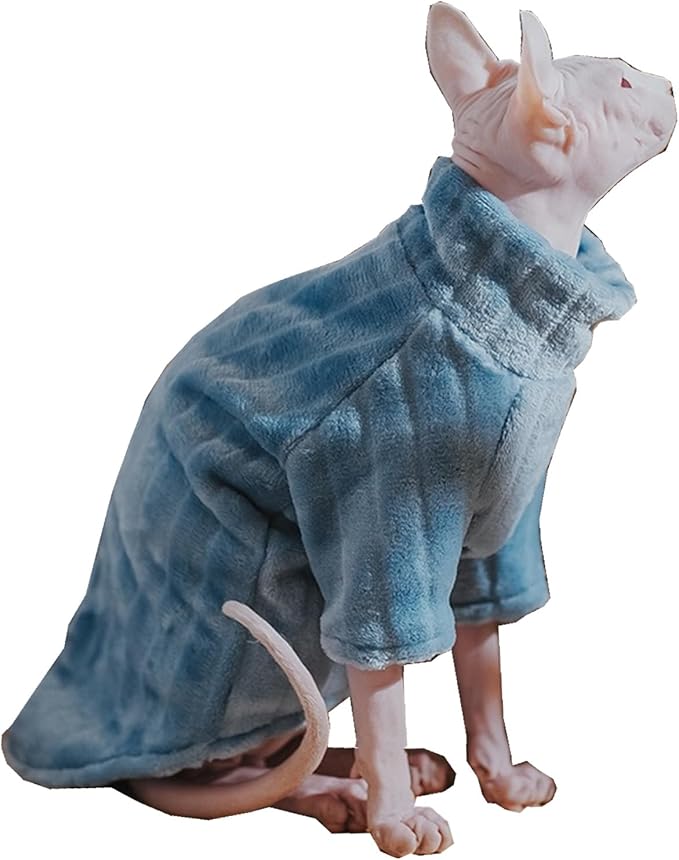 Turtleneck Sweater for Sphynx Cat Soft Coral Fleece Cat Clothes Thick Winter Warm Outfit Coat for Hairless Cats and Small Dogs Apparel with Sleeves (Blue, XXL (13.3-16 lbs))