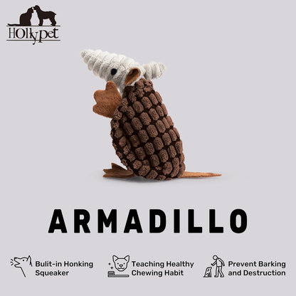 Hollypet Plush Dog Squeaky Toy Stuffed Armadillo Animal Pet Puppy Chew Toys with Clean Teeth for Small Medium Large All Breed Sizes Dogs, Brown, 6 in