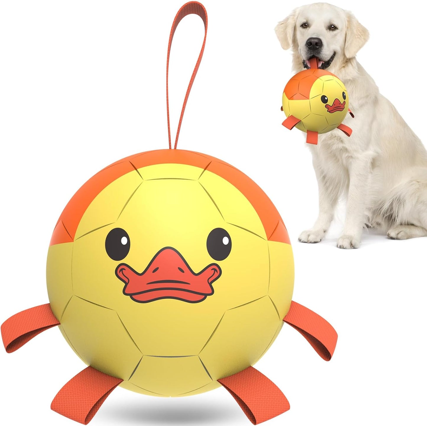 QDAN Dog Toys Soccer Ball with Straps, Interactive Dogs Toys for Tug of War, Puppy Birthday Gifts, Dogs Tug Toy, Dog Water Toy, Durable Dog Balls for Medium & Large Dog - Duck（8 Inch）
