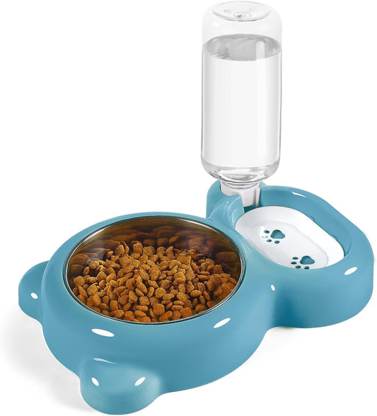 Dog Bowls, Cat Food and Water Bowl Set with Water Dispenser and Stainless Steel Bowl for Cats and Small Dogs - Blue