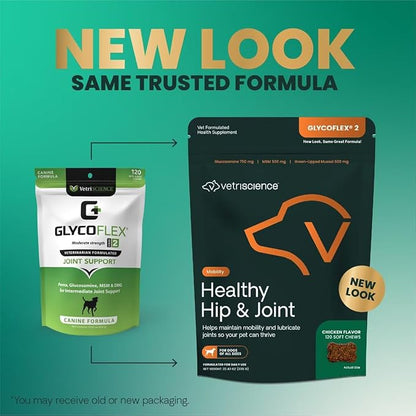VetriScience Healthy Hip & Joint Chews, GlycoFlex Glucosamine and Green-Lipped Mussel Joint Support Supplement for Dogs, Promote Mobility and Protect Joints, Chicken, 120 Count