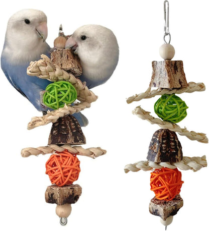 Parrots Chewing Toy Wood Block Nut Rattan Ball Corn Husk with Hanging Hook Entertainment Toy Wood Bird Toy for Parrots Chewing Block Cage Toy Accessories for Cockatiel Parakeets Random Color (2 Pcs)