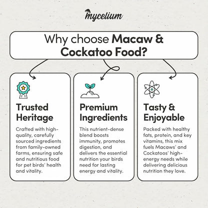 Mycelium Premium Macaw & Cockatoo Food | High Protein & Fiber | Safe & Clean Pet Bird Food | Seed Blend with Vitamins, Corn, Buckwheat, Sunflower, Peanuts & Hemp Seed | Organic, Non-GMO 5 lb Bag