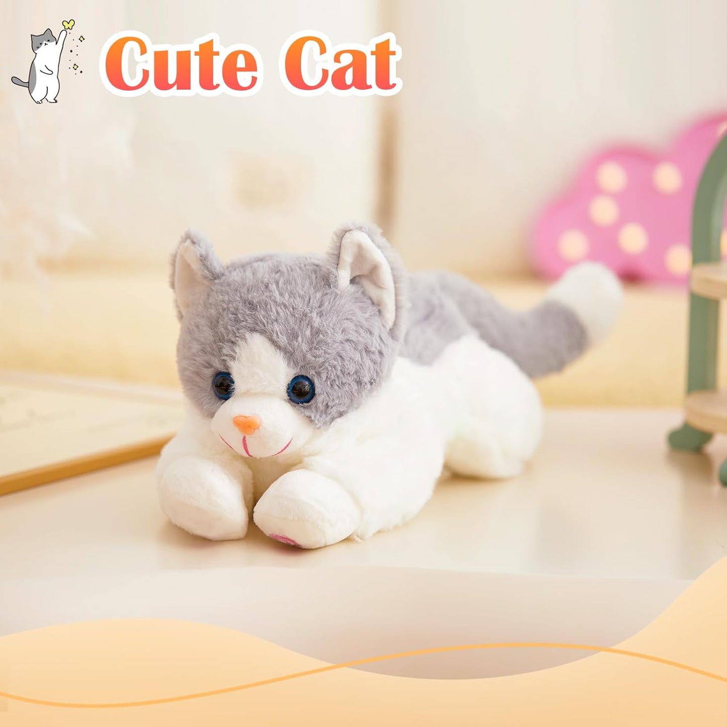 Houwsbaby 15" Gray Light up Kitty Stuffed Animal Cat Floppy LED Plush Toy Kitten Night Lights Glow Pillow Birthday Festival Christmas Halloween Presents for Kids Toddler Girls