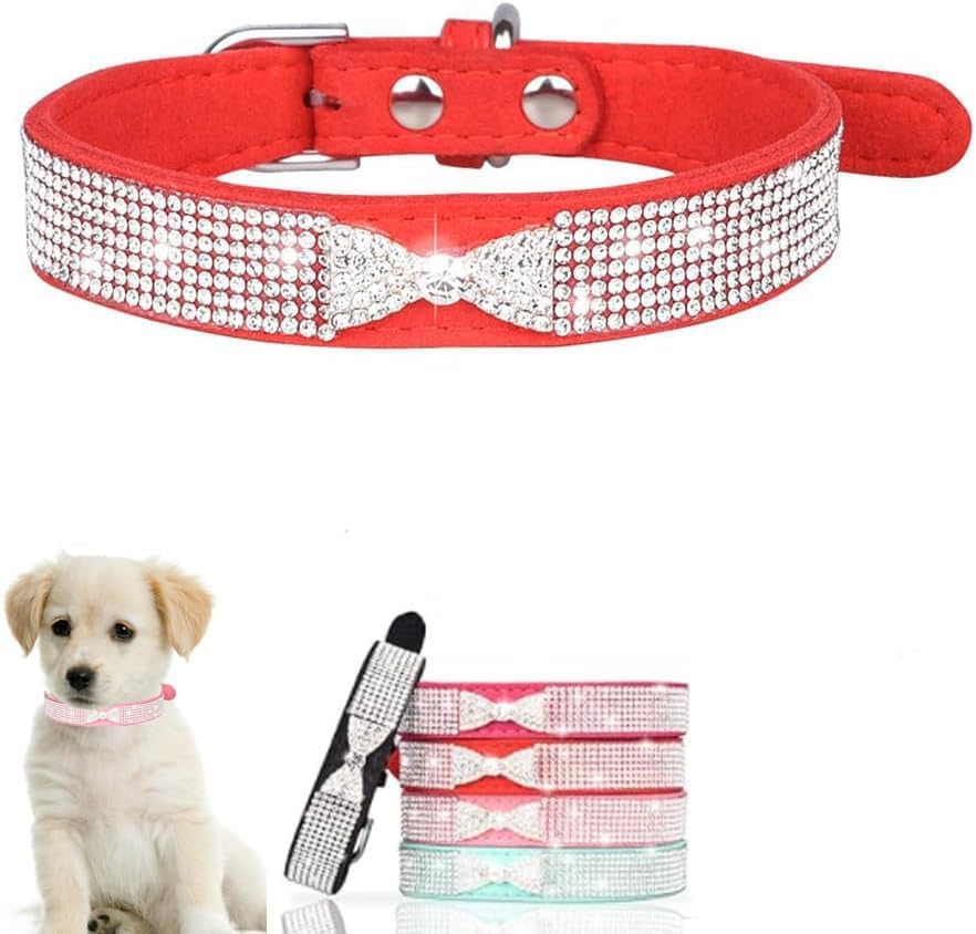 Serijoars Small Dog Collar with Rhinestone Crystal Diamond Colorful Bling Girl Puppy Cat Collars (L, Red3)